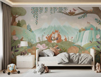 Fox wall mural in a bedroom with woodland family, pastel blooms, and soft hills