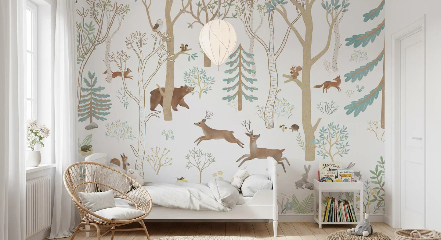 Woodland Frisky animal wall mural for a kids room with soft blue tree illustrations