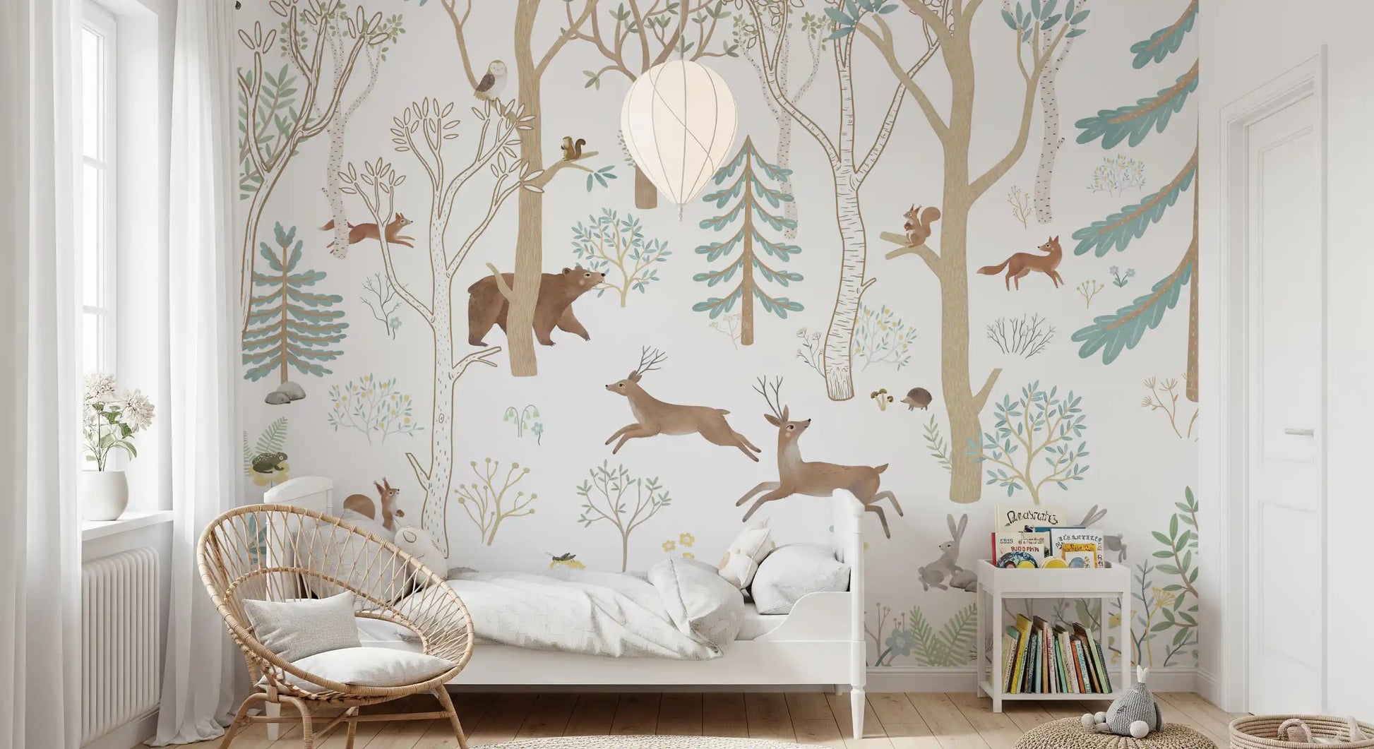 Woodland Frisky animal wall mural for a kids room with soft blue tree illustrations