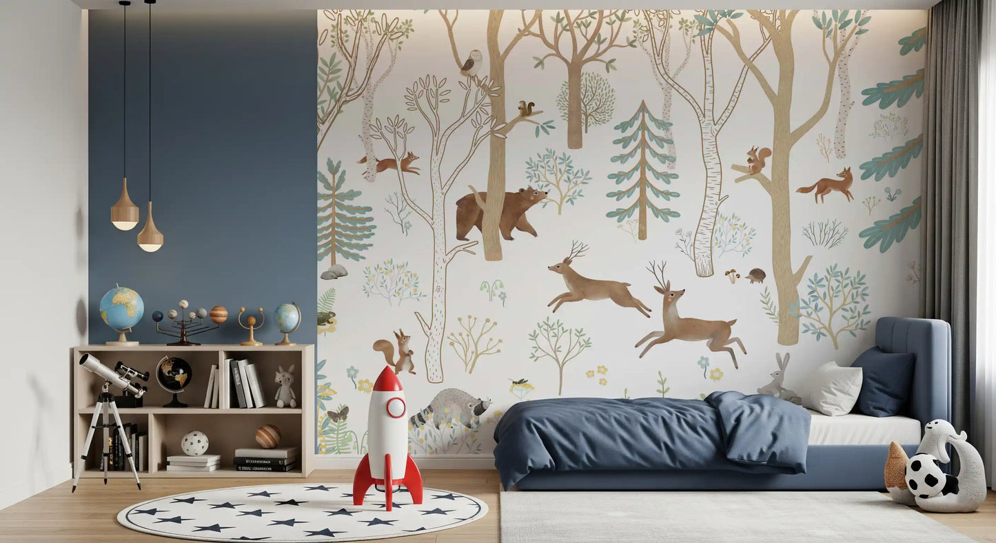 Botanical forest wall mural with foxes, rabbits, raccoon, and tree illustrations