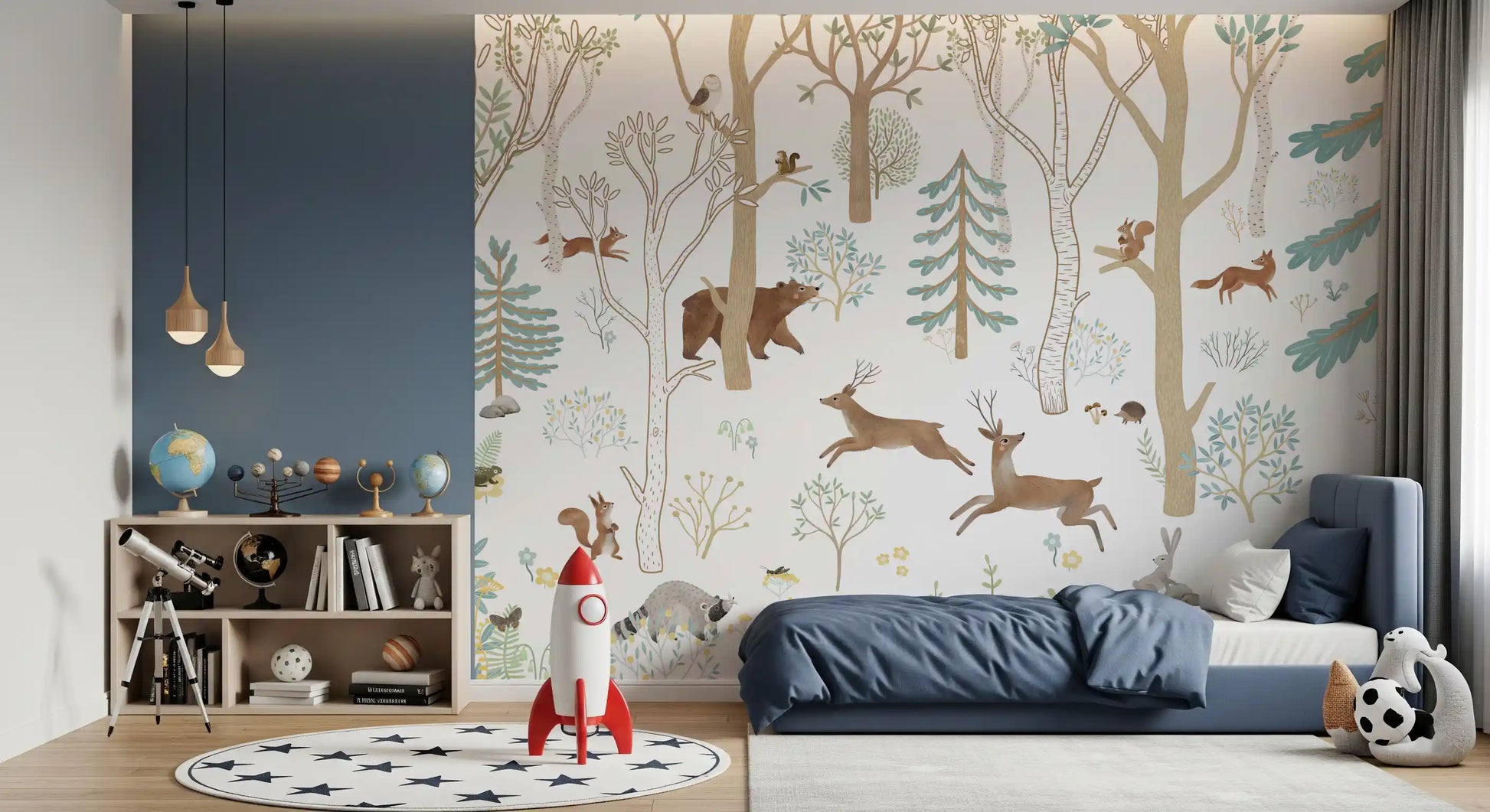 Botanical forest wall mural with foxes, rabbits, raccoon, and tree illustrations