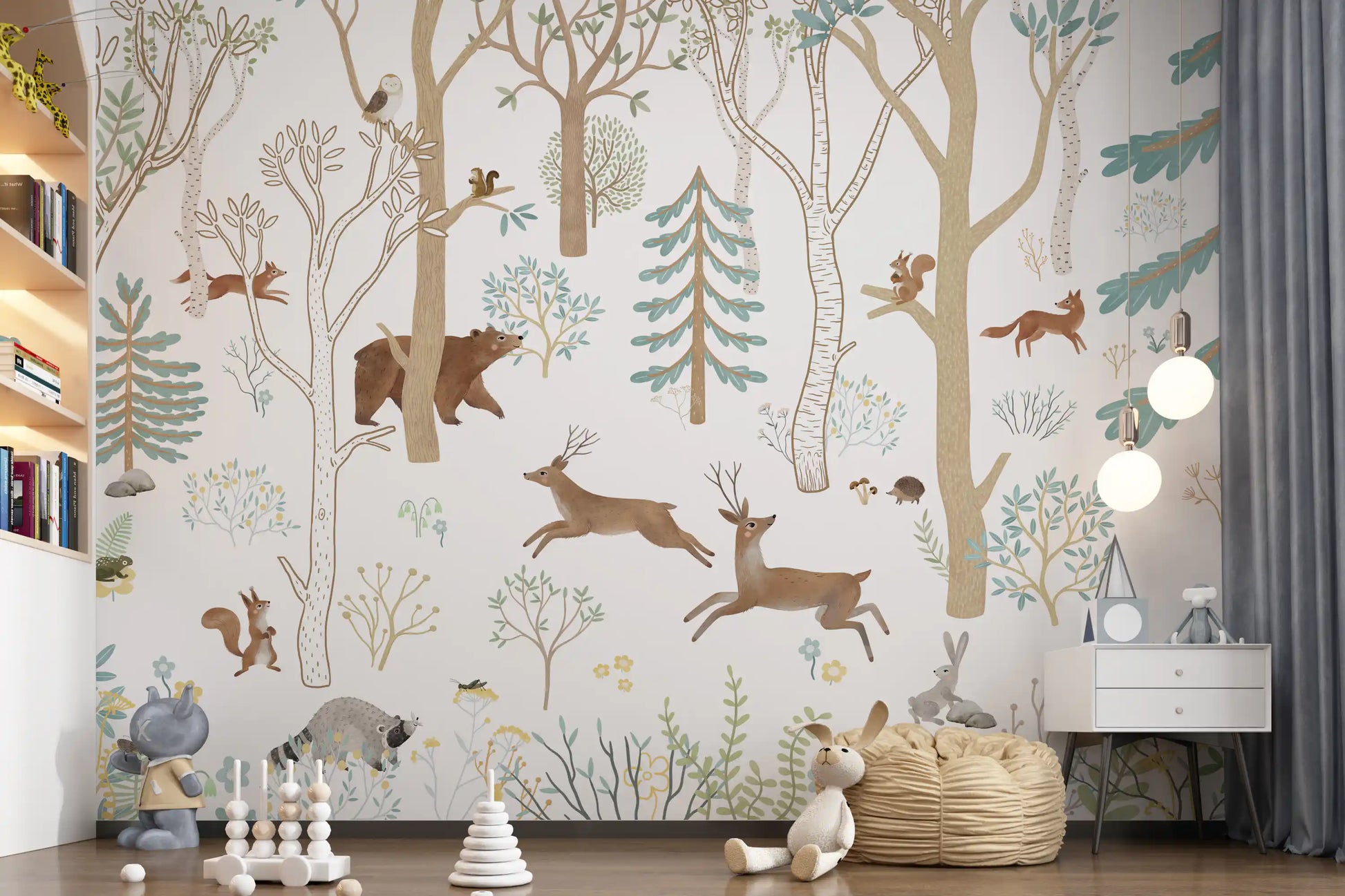 Nature wall mural with deer, bear, foxes, and rabbits in a soft blue forest setting