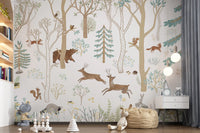 Nature wall mural with deer, bear, foxes, and rabbits in a soft blue forest setting