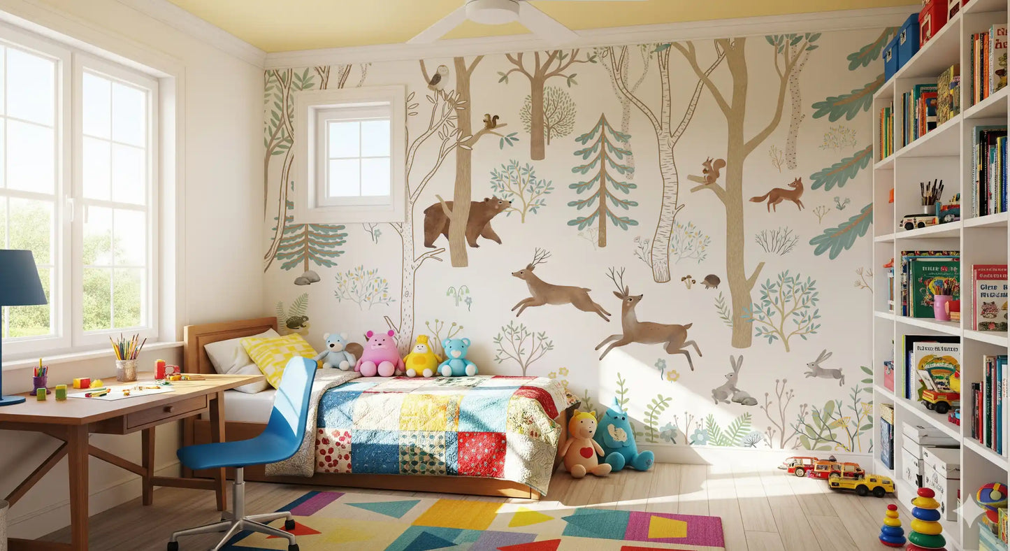 Frisky Forest Blue wall mural in a study room with forest creatures and plants