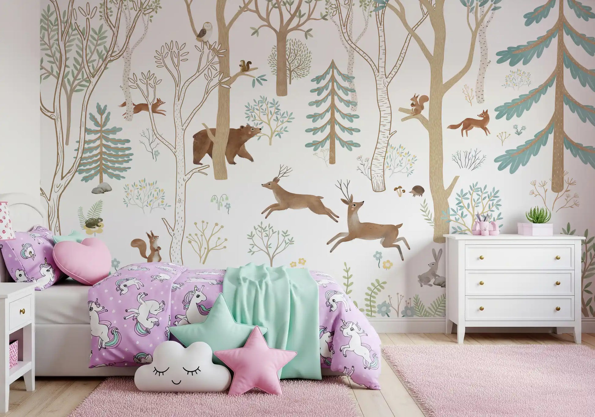 Blue woodland wall mural with illustrated trees, animals, and botanical details