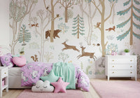 Blue woodland wall mural with illustrated trees, animals, and botanical details