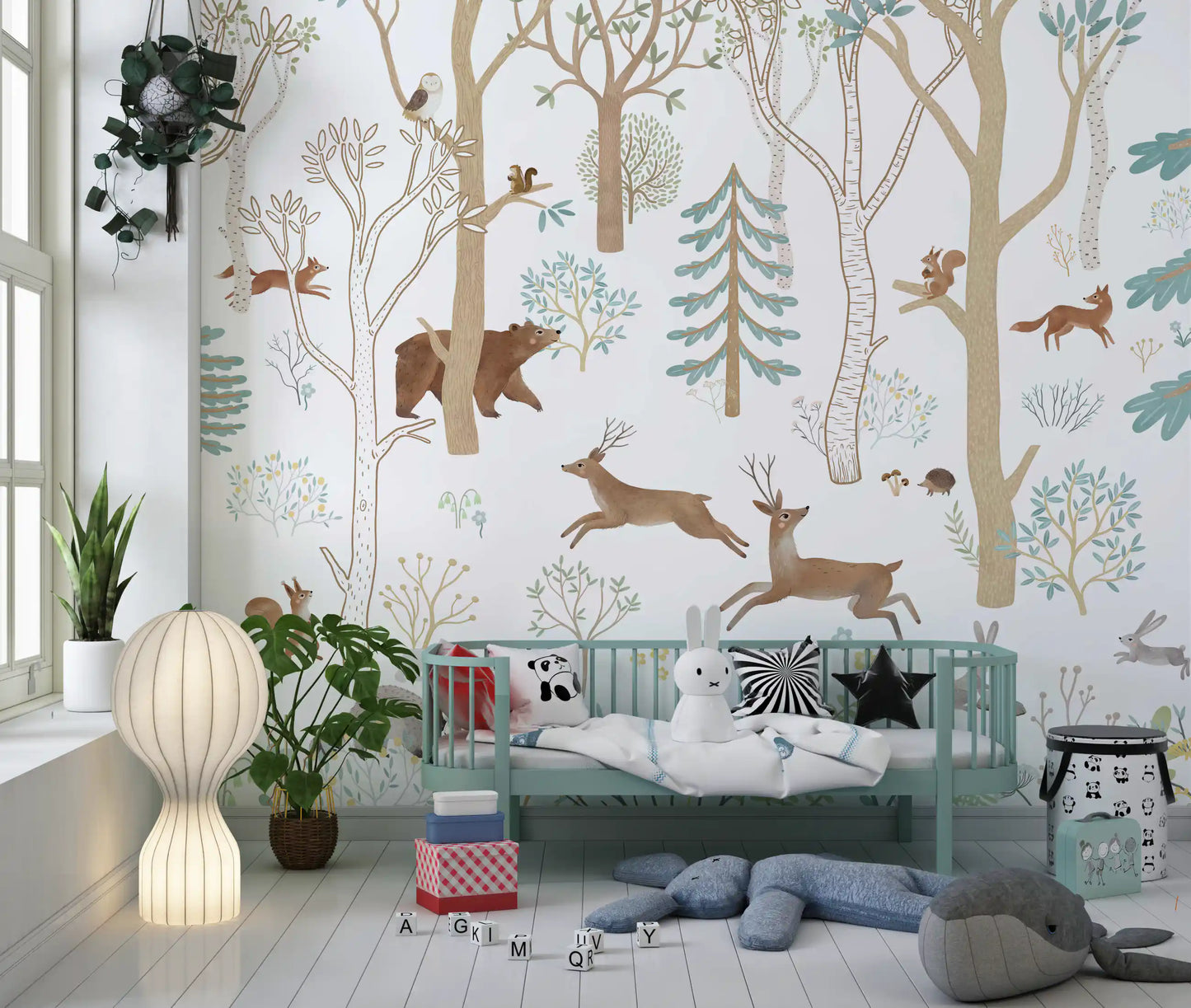 Animal-themed wall mural with woodland creatures and gentle blue nature accents