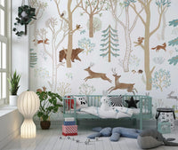Animal-themed wall mural with woodland creatures and gentle blue nature accents