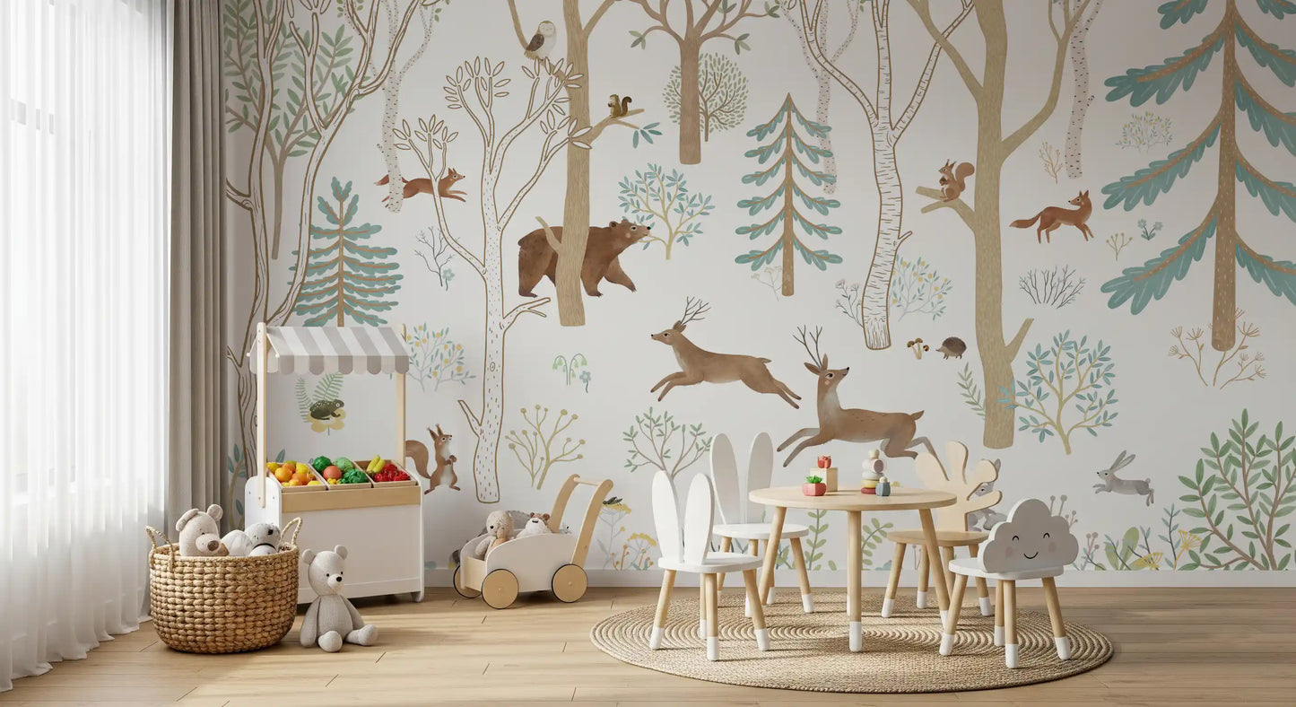Playful woodland wall mural with soft blue foliage and hand-painted animal details