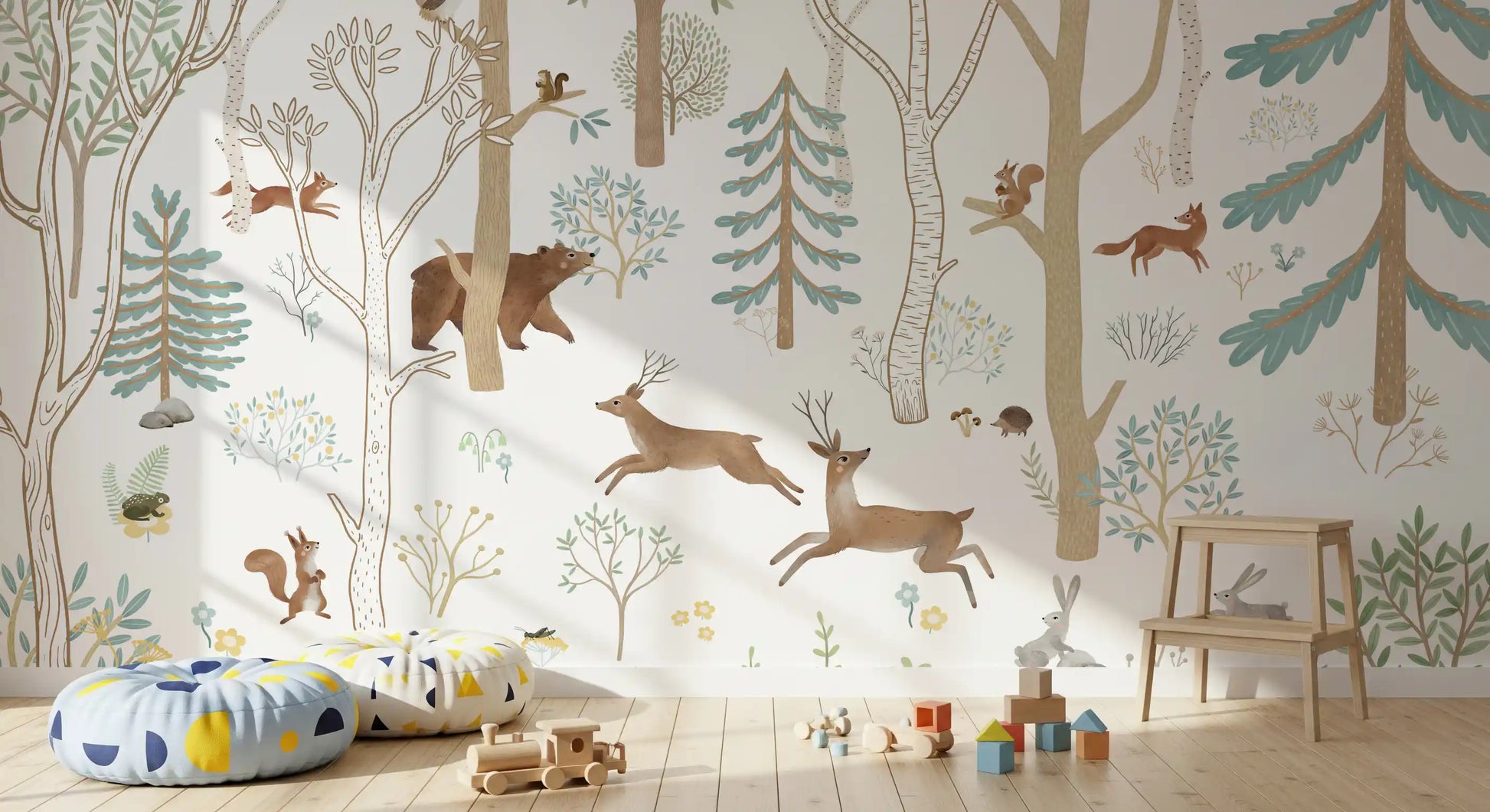 Forest animal wall mural with squirrels, deer, and leafy branches on light backdrop
