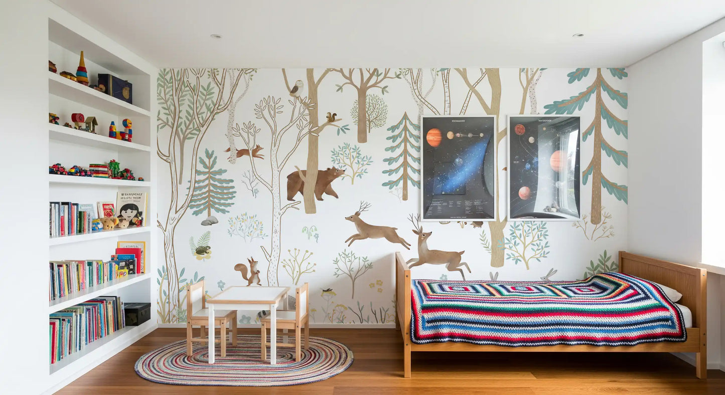 Blue forest wall mural in a bedroom with deer, foxes, rabbits, and foliage