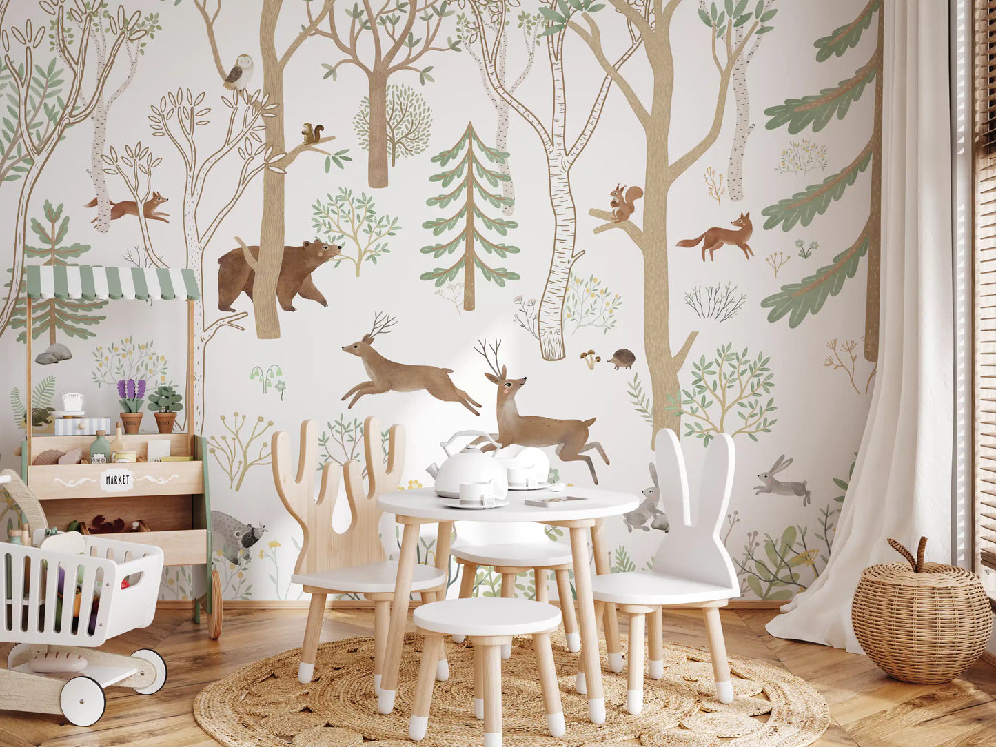 Forest animal wall mural with squirrels, deer, and leafy branches on light backdrop