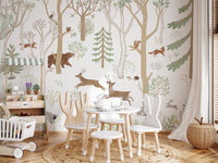 Forest animal wall mural with squirrels, deer, and leafy branches on light backdrop