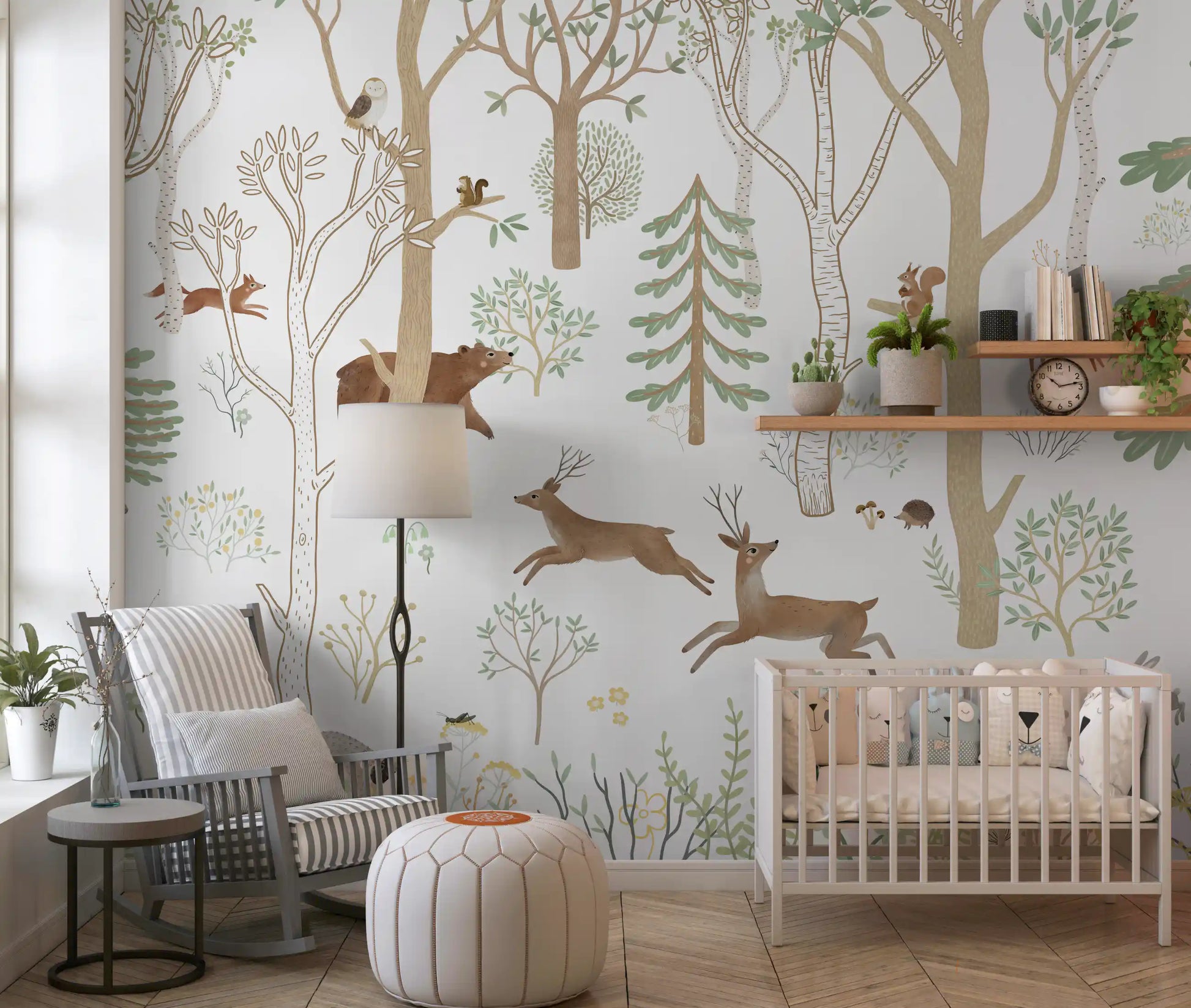 Nature wall mural with deer, bear, foxes, and rabbits in a soft forest setting