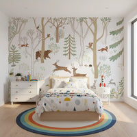 Green woodland wall mural with illustrated trees, animals, and botanical details