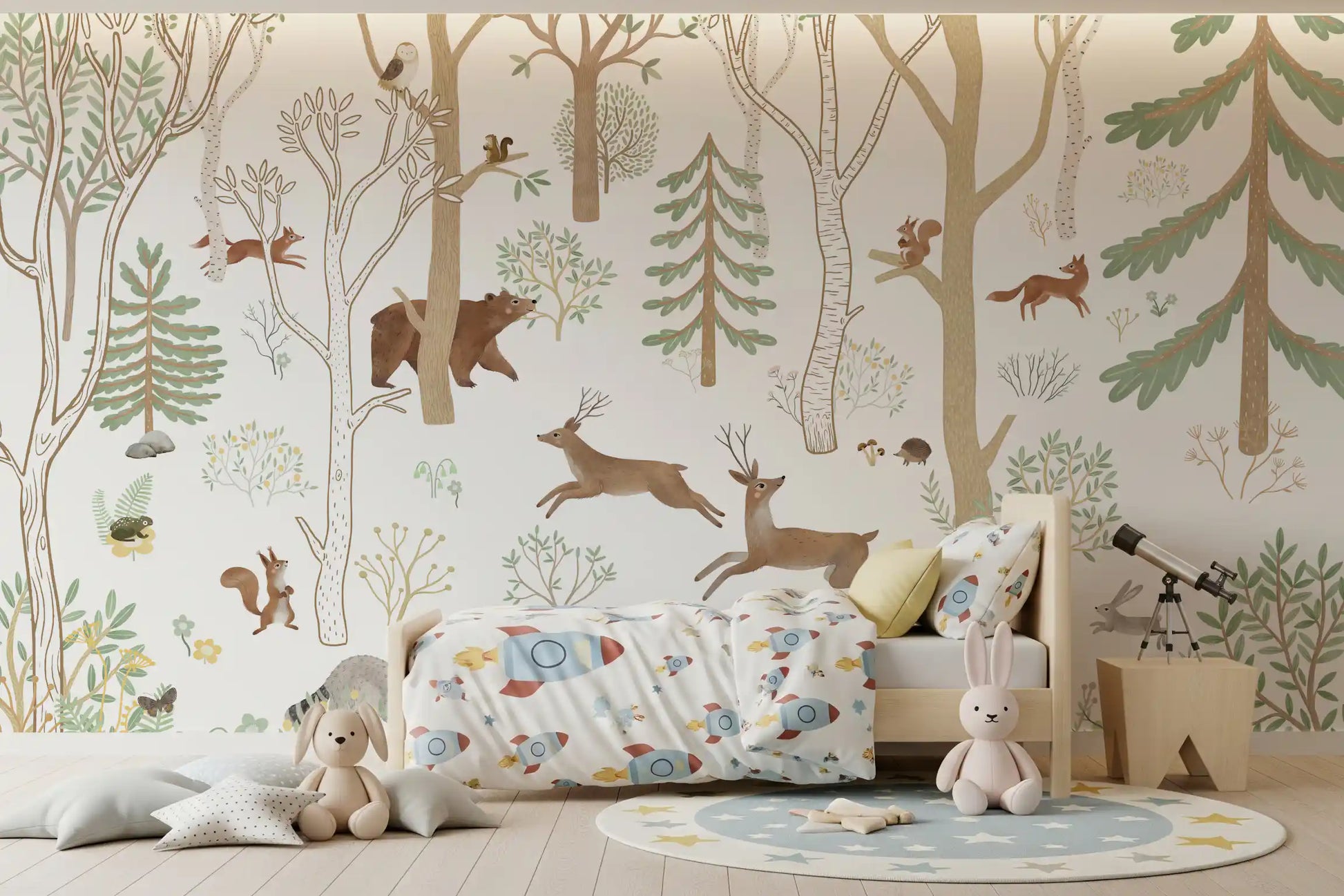 Frisky Forest Green wall mural in a bedroom with forest creatures and plants