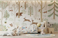 Frisky Forest Green wall mural in a bedroom with forest creatures and plants