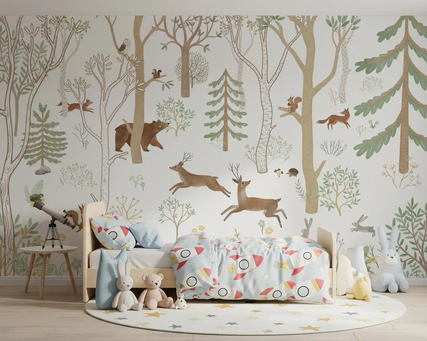 Animal-themed wall mural with woodland creatures and gentle green nature accents