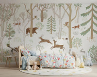 Animal-themed wall mural with woodland creatures and gentle green nature accents