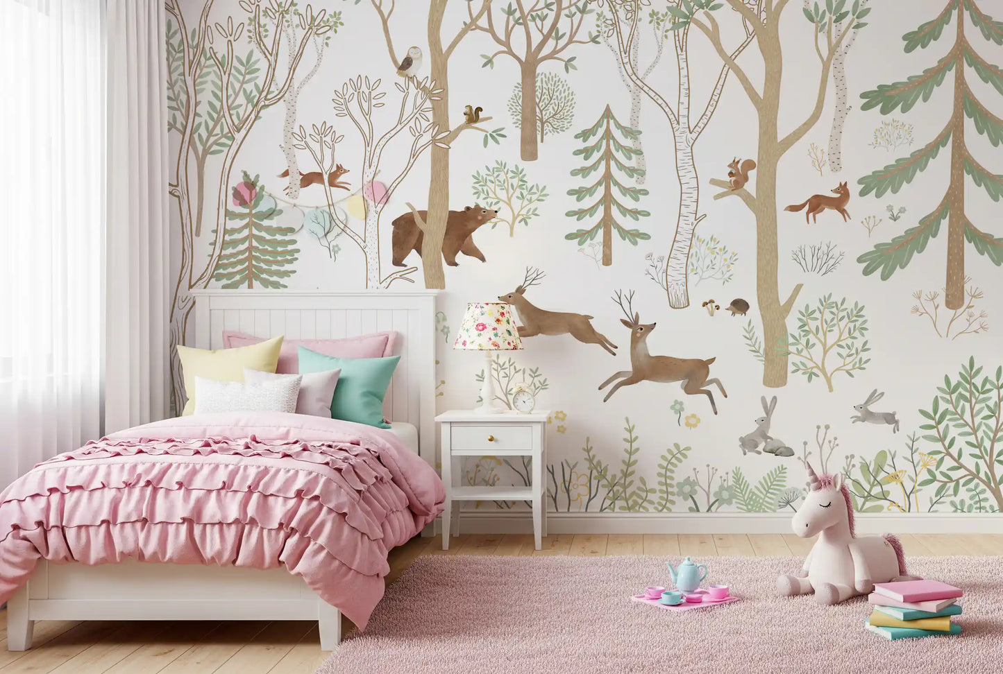 Botanical forest wall mural with foxes, rabbits, raccoon, and tree illustrations