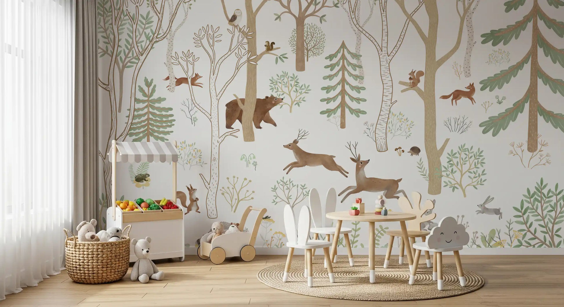 Frisky Forest Green wall mural in a play room with woodland animals and trees