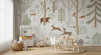 Frisky Forest Green wall mural in a play room with woodland animals and trees