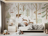 Playful woodland wall mural with soft green foliage and hand-painted animal details