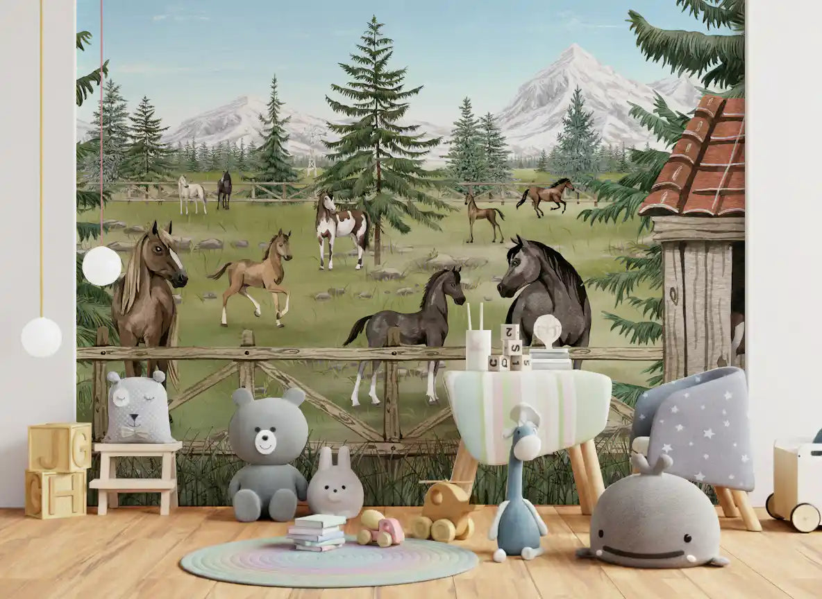 Scenic horse wall mural for a play room with mountains and wooden fence details