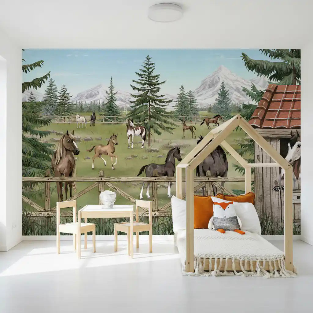 Haven horse wall mural with mountain peaks and grazing horses illustration