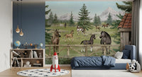 Horse landscape wall mural with wooden fencing and forest scenery in soft tones