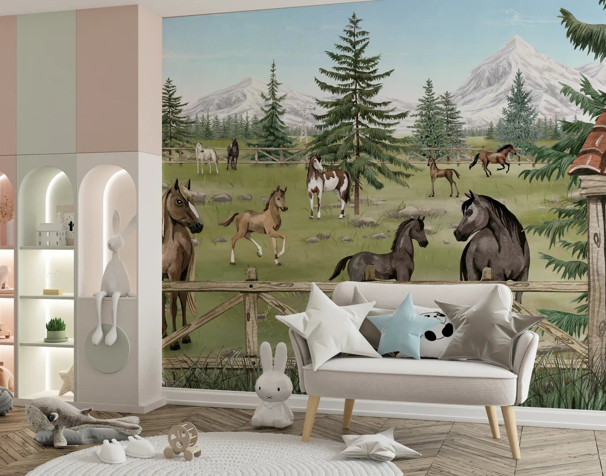 Farm-style wall mural with horses, evergreen trees, and rustic outdoor setting