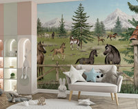 Farm-style wall mural with horses, evergreen trees, and rustic outdoor setting