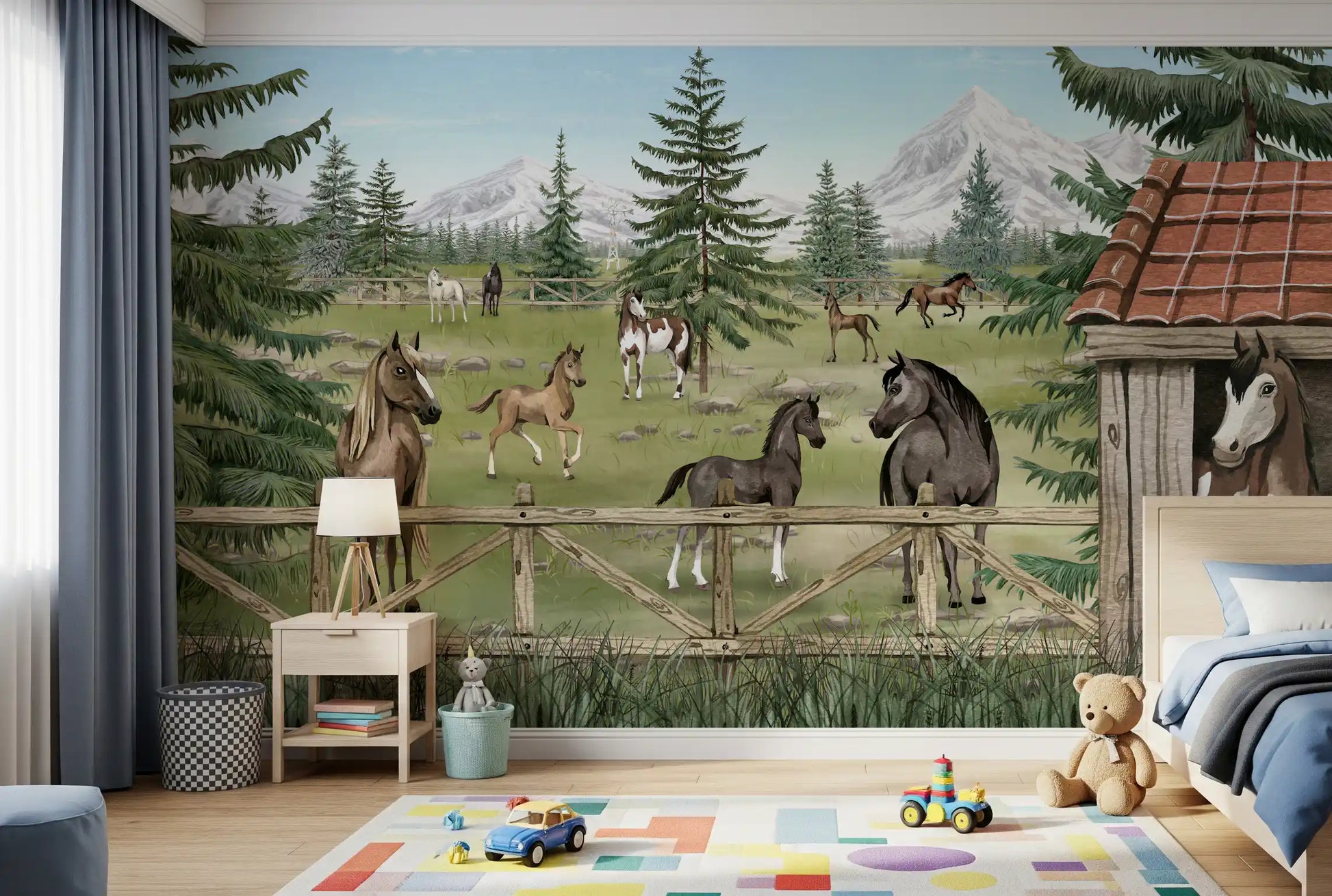Horse Haven wall mural in a children room with forest, horses, and ranch artwork