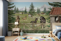 Horse Haven wall mural in a children room with forest, horses, and ranch artwork