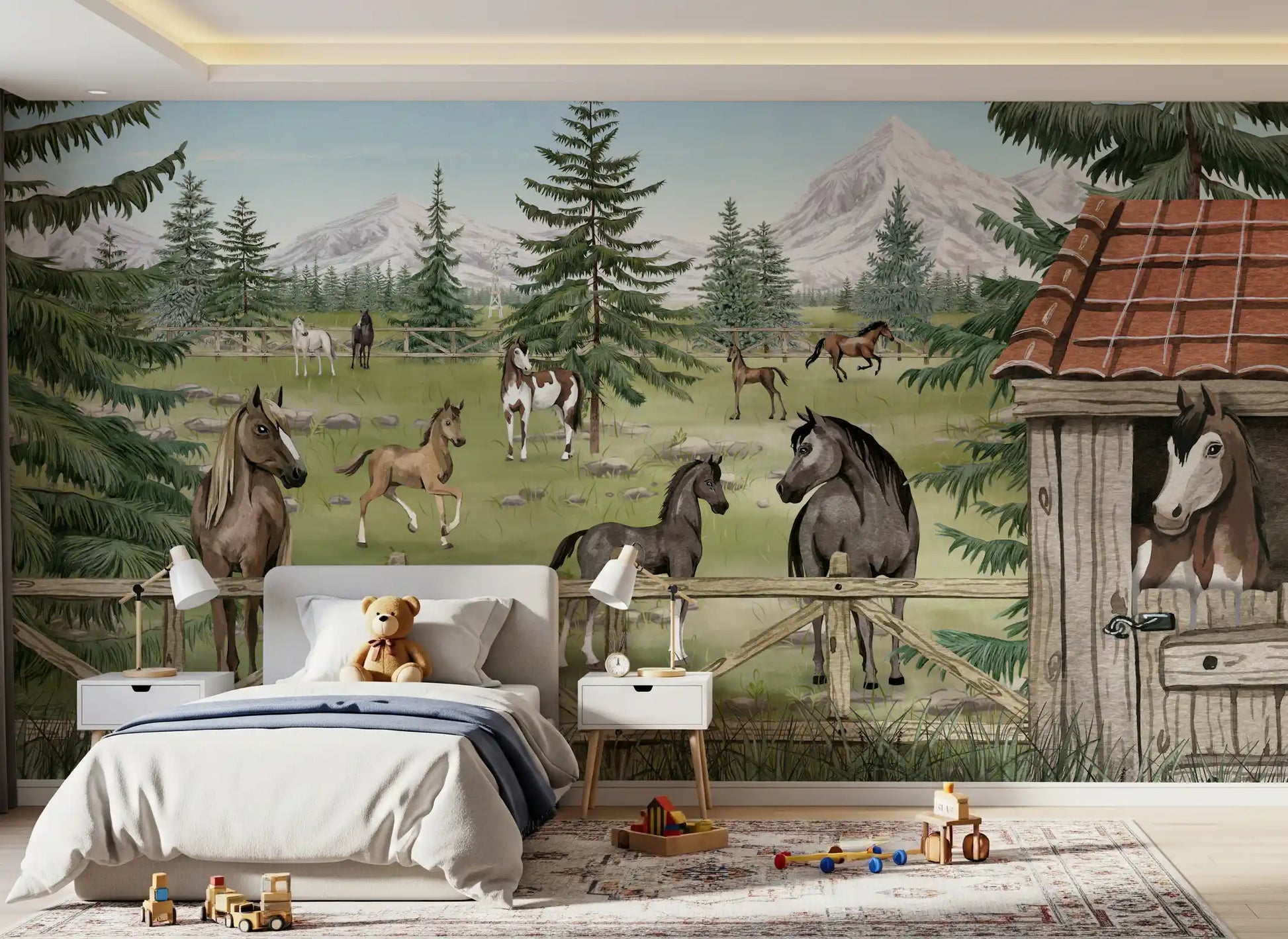 Horse Haven wall mural in a living room with mountain ranch and horse scenery