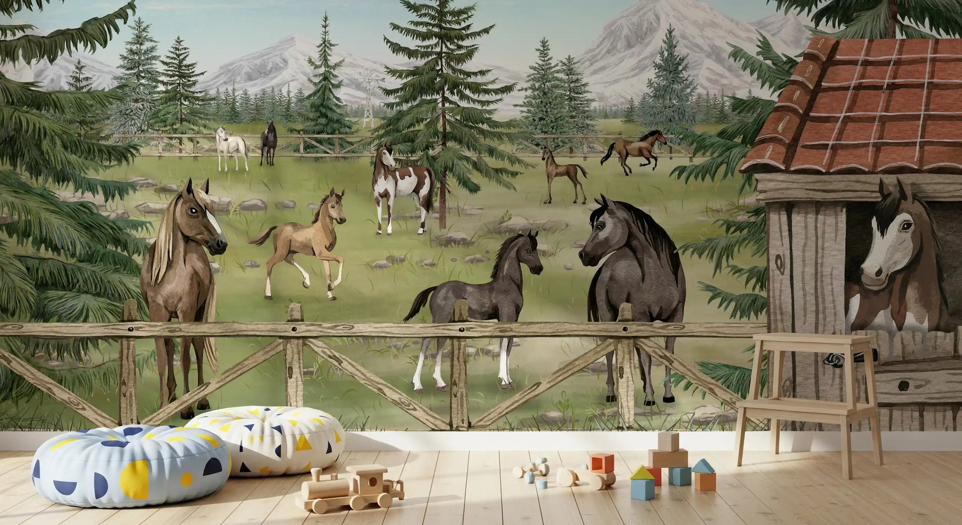 Horse Haven wall mural with painted meadow scene and woodland ranch details
