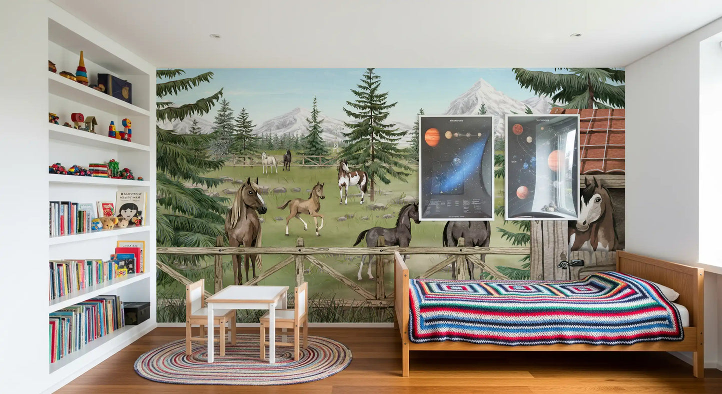Haven wall mural with horses, pine trees, and snow-capped mountain background