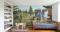 Haven wall mural with horses, pine trees, and snow-capped mountain background