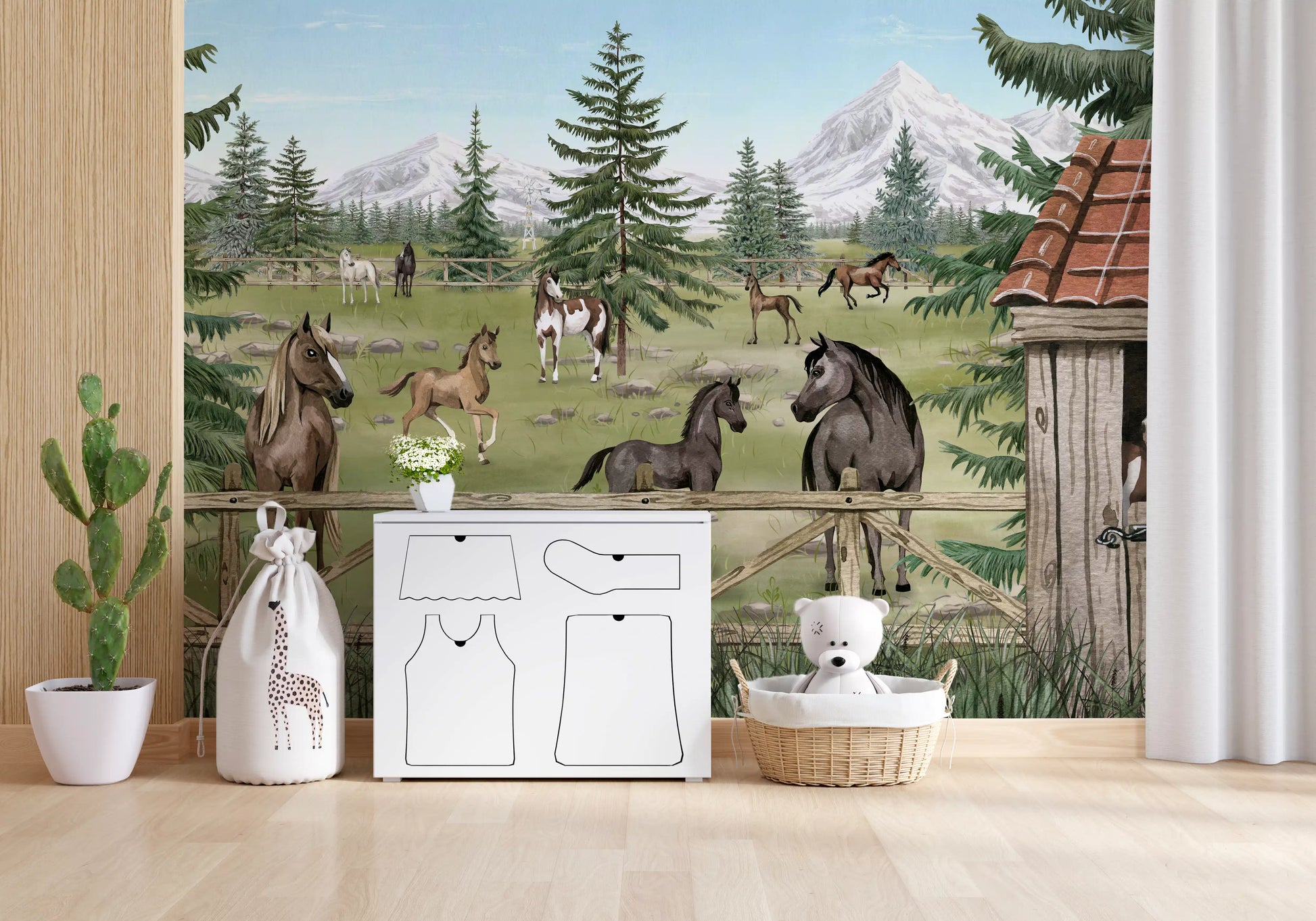 Ranch-themed wall mural featuring horses, stable details, and open meadow views