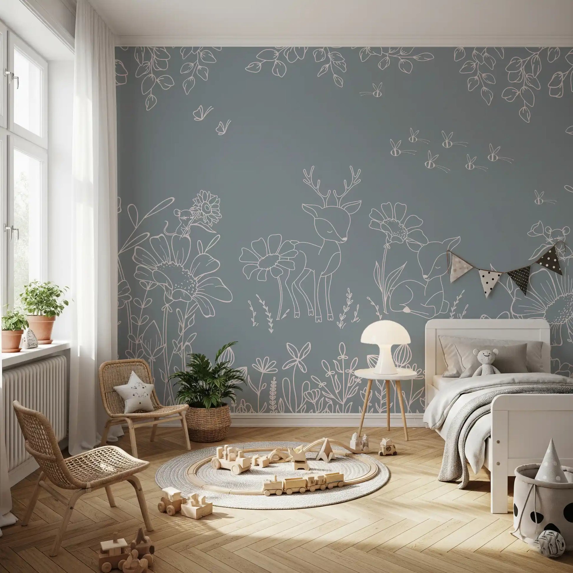 Deer Doodles Blue wall mural in a kids room with soft floral woodland sketch art