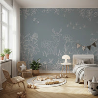 Deer Doodles Blue wall mural in a kids room with soft floral woodland sketch art
