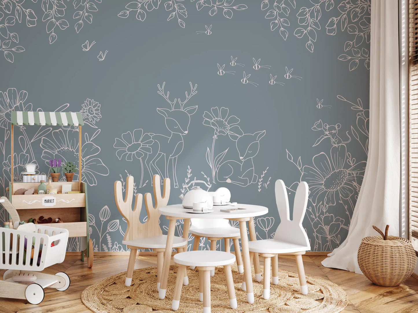 Floral deer wall mural in muted blue for a play room with nature line details