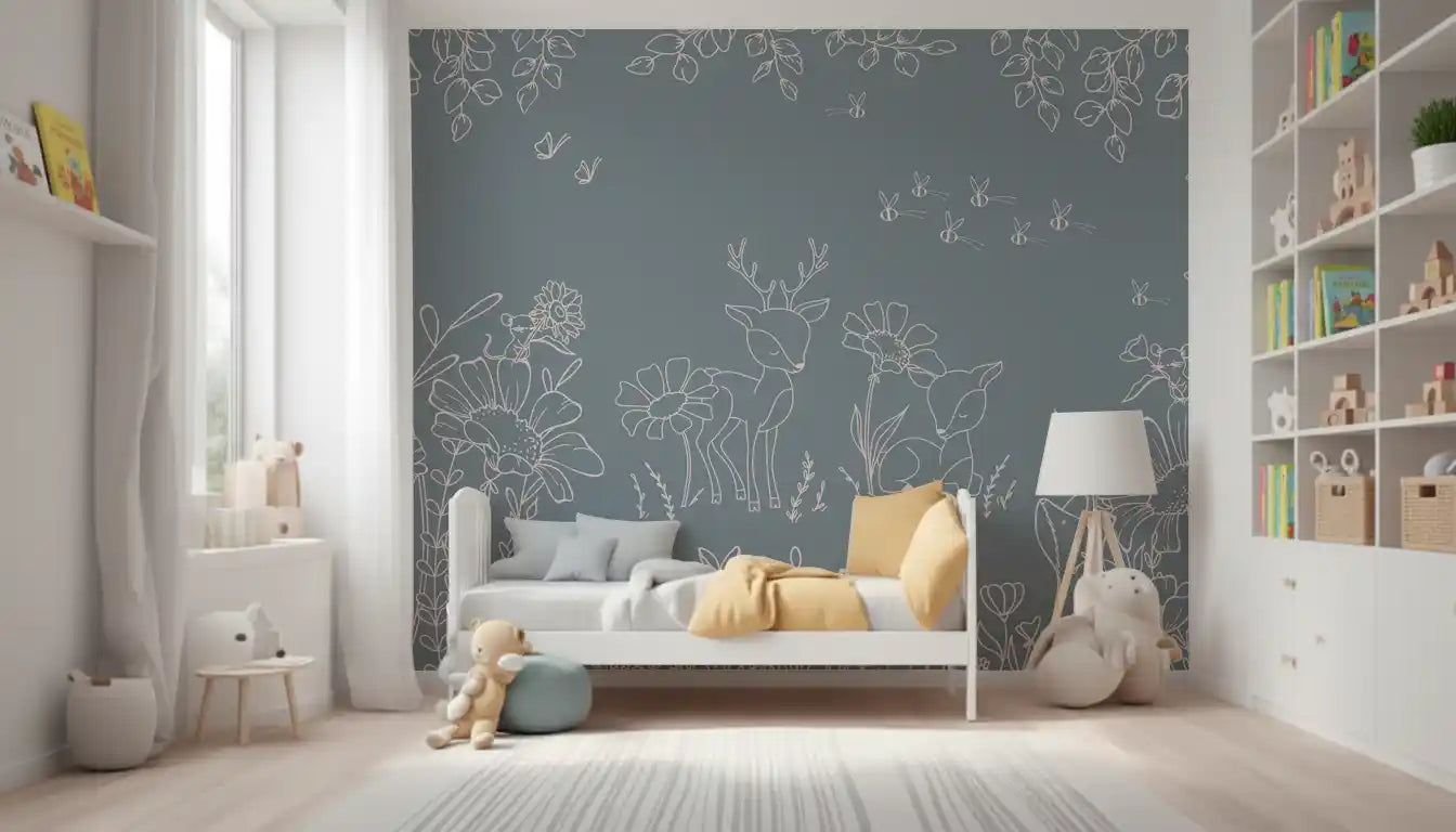 Blue floral wall mural with deer doodles, bees, and meadow sketch elements