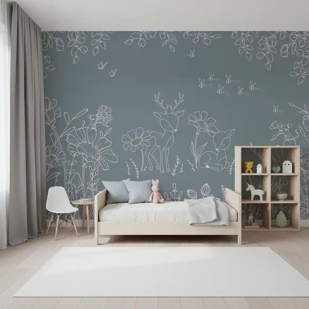 Deer Doodles Blue wall mural in a girls room with woodland outline artwork