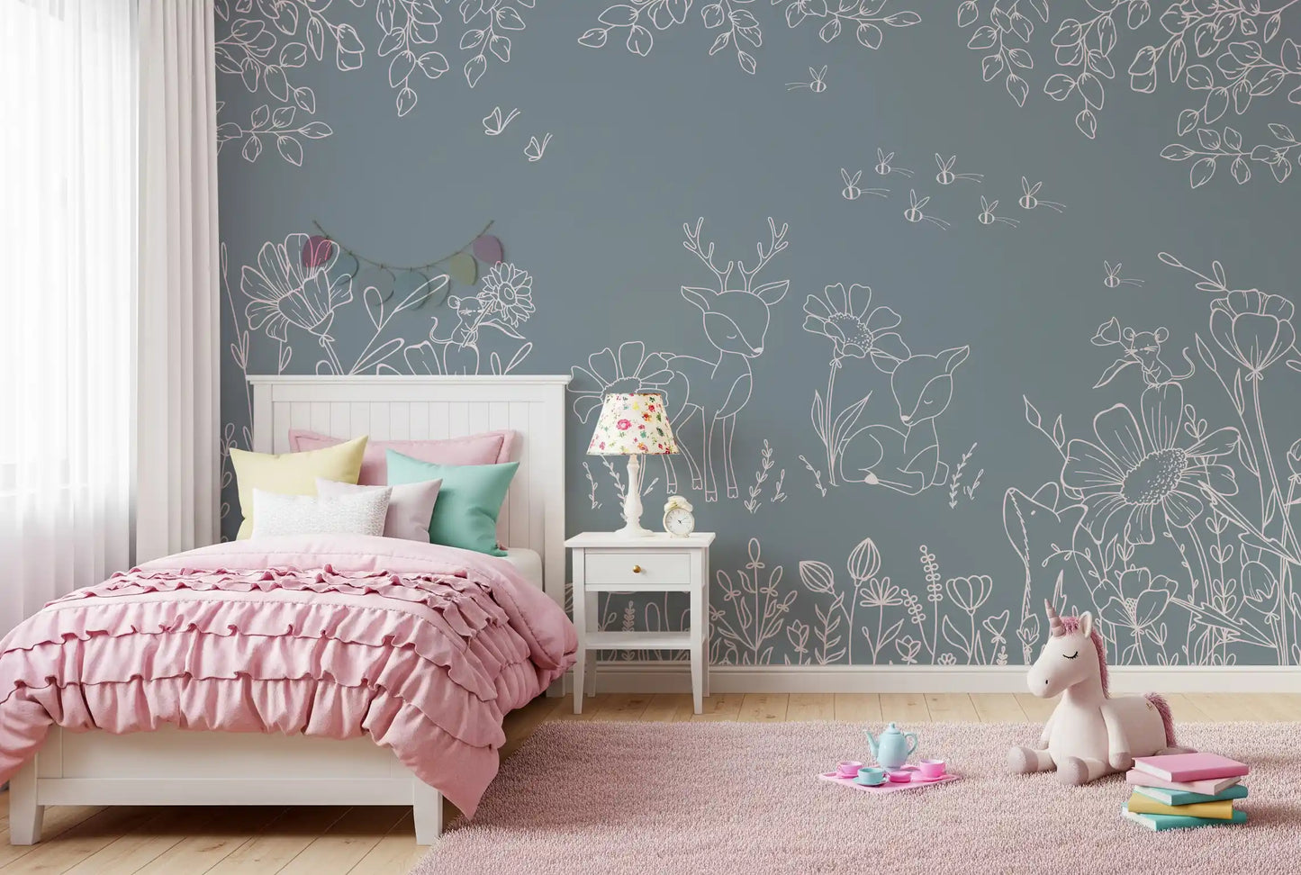 Deer Doodles Blue wall mural with meadow flowers and fine outline illustration