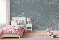 Deer Doodles Blue wall mural with meadow flowers and fine outline illustration