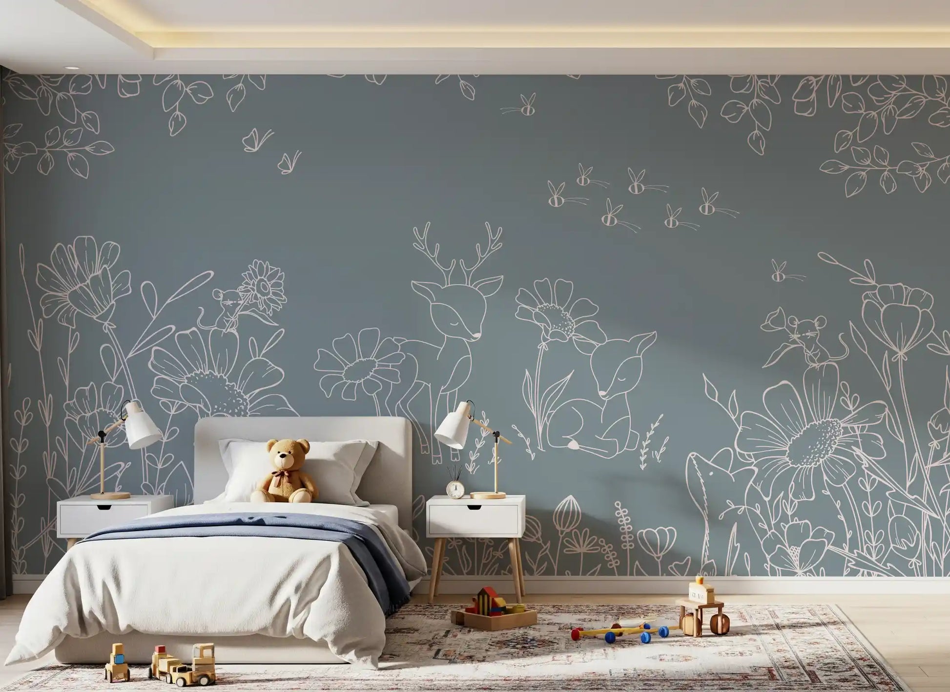 Botanical blue wall mural with doodle deer, bees, and whimsical garden motifs