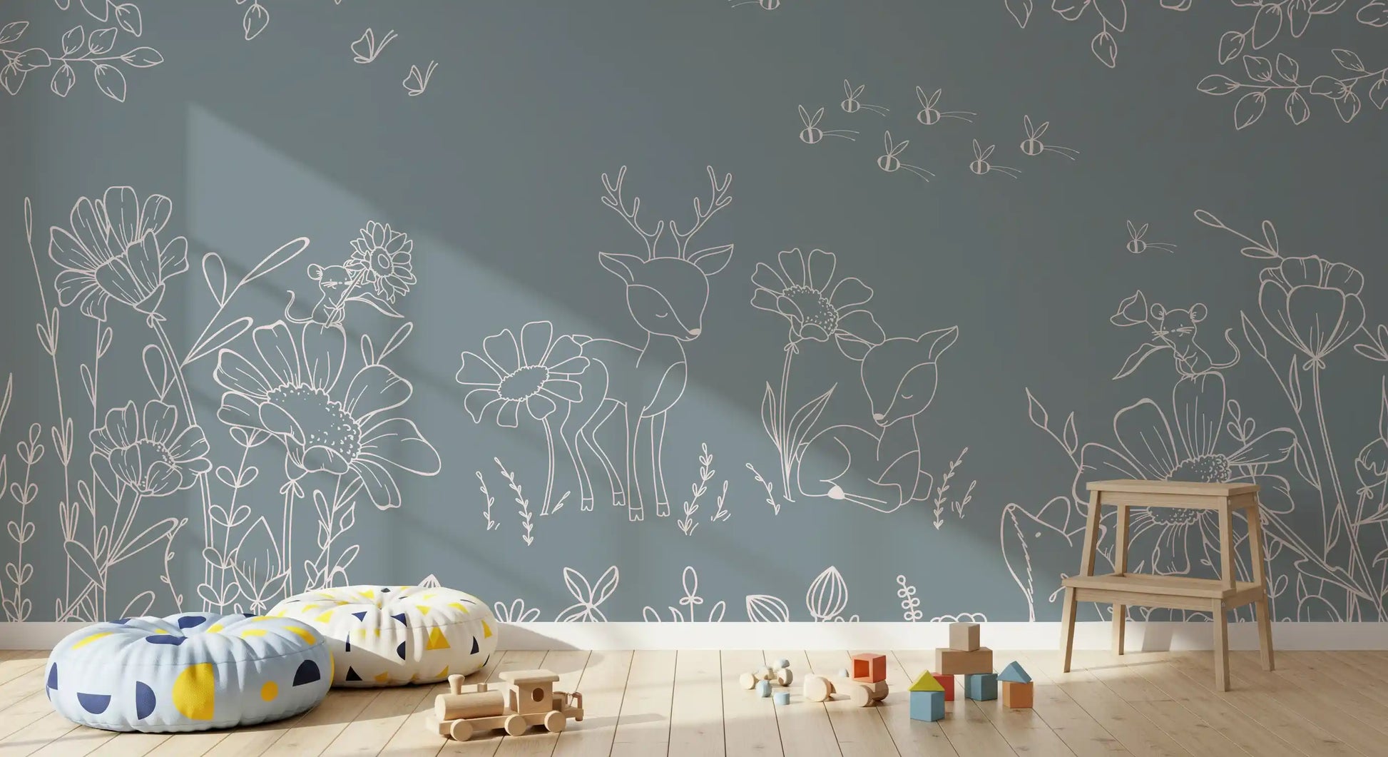 Deer-themed blue wall mural with flowers, mice, and gentle forest details