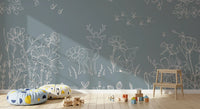 Deer-themed blue wall mural with flowers, mice, and gentle forest details