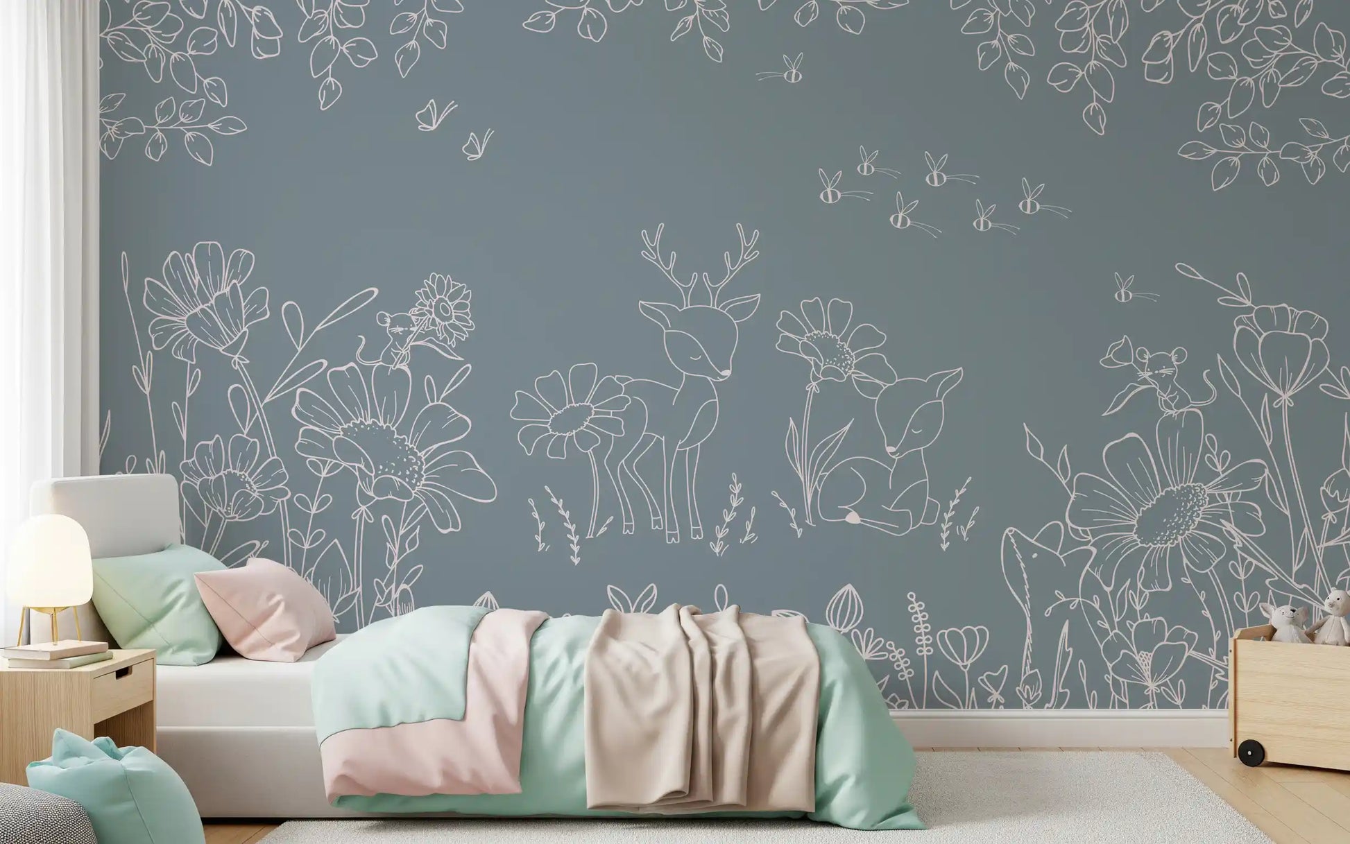 Blue deer wall mural with doodle flowers in a bedroom with modern styling